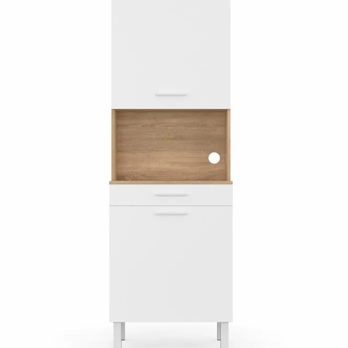 Buffet de cuisine vaisselier blanc et bois façon hêtre 60 cm