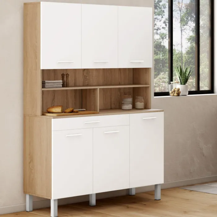 Buffet de cuisine vaisselier blanc et bois façon hêtre 120 cm