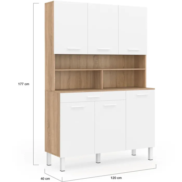 Buffet de cuisine vaisselier blanc et bois façon hêtre 120 cm