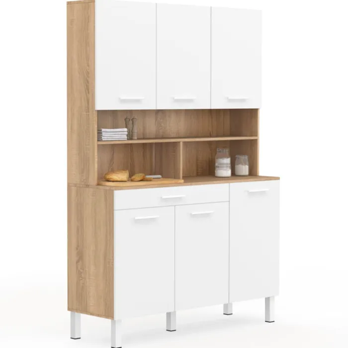 Buffet de cuisine vaisselier blanc et bois façon hêtre 120 cm