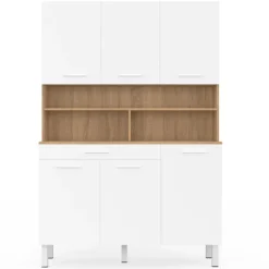 Buffet de cuisine vaisselier blanc et bois façon hêtre 120 cm