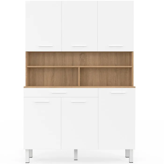 Buffet de cuisine vaisselier blanc et bois façon hêtre 120 cm