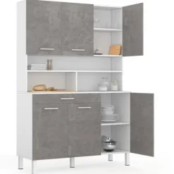 Buffet de cuisine vaisselier effet béton et blanc 120 cm
