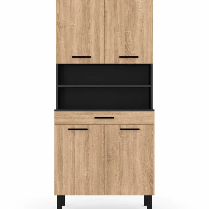 Buffet de cuisine vaisselier noir et bois façon hêtre 80 cm