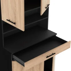 Buffet de cuisine vaisselier noir et bois façon hêtre 80 cm