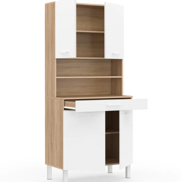 Buffet de cuisine vaisselier blanc et bois façon hêtre 80 cm