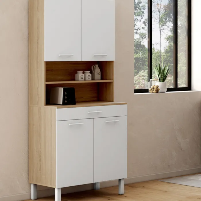 Buffet de cuisine vaisselier blanc et bois façon hêtre 80 cm