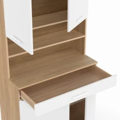 Buffet de cuisine vaisselier blanc et bois façon hêtre 80 cm
