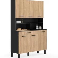 Buffet de cuisine vaisselier noir et bois façon hêtre 120 cm