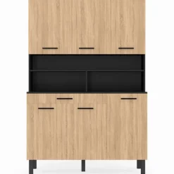 Buffet de cuisine vaisselier noir et bois façon hêtre 120 cm