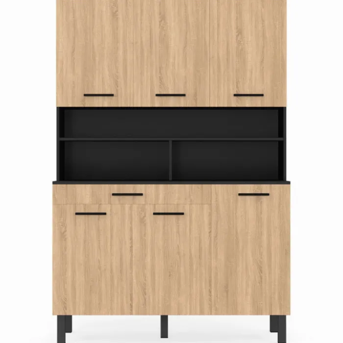 Buffet de cuisine vaisselier noir et bois façon hêtre 120 cm