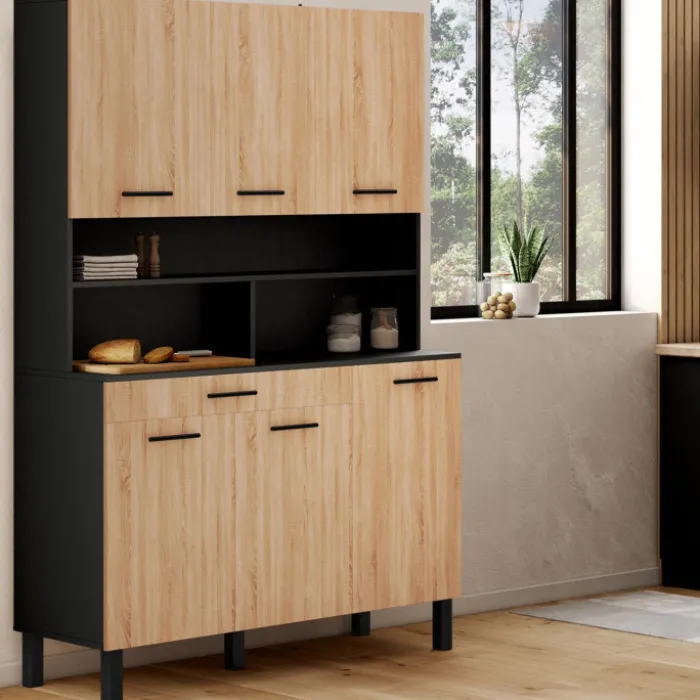 Buffet de cuisine vaisselier noir et bois façon hêtre 120 cm