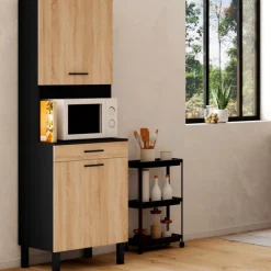 Buffet de cuisine vaisselier noir et bois façon hêtre 60 cm