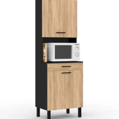 Buffet de cuisine vaisselier noir et bois façon hêtre 60 cm