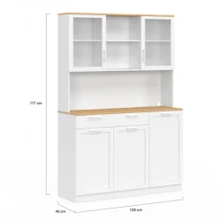 Buffet de cuisine vitré 120 cm 5 portes et 1 tiroir blanc et plateau façon hêtre