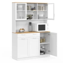 Buffet de cuisine vitré 120 cm 5 portes et 1 tiroir blanc et plateau façon hêtre