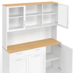 Buffet de cuisine vitré 120 cm 5 portes et 1 tiroir blanc et plateau façon hêtre
