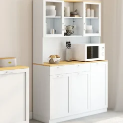 Buffet de cuisine vitré 120 cm 5 portes et 1 tiroir blanc et plateau façon hêtre