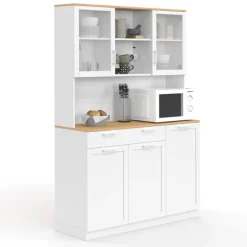 Buffet de cuisine vitré 120 cm 5 portes et 1 tiroir blanc et plateau façon hêtre