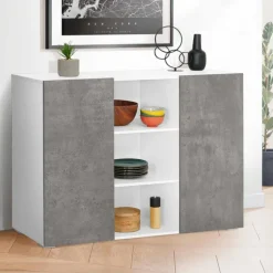 Buffet effet béton et blanc 2 portes
