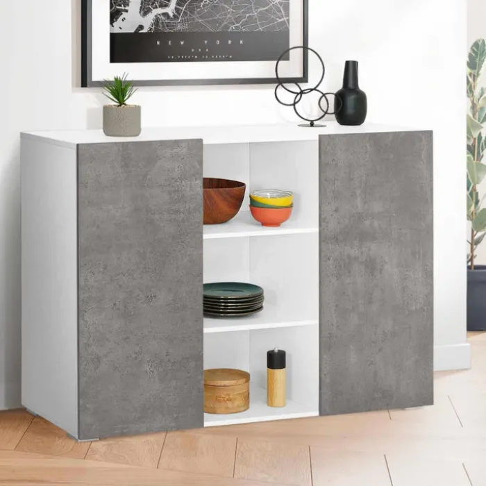 Buffet effet béton et blanc 2 portes