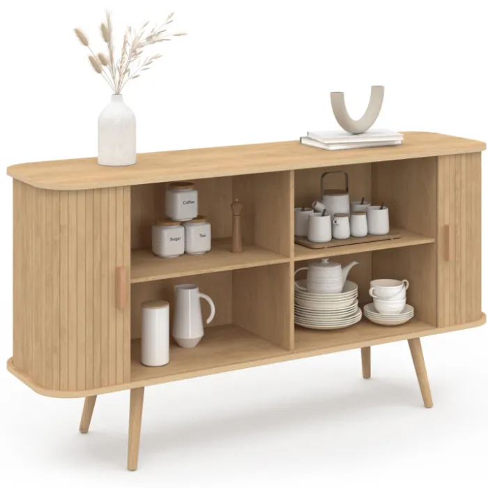 Buffet en bois 140 cm effet lattes avec 2 portes coulissantes