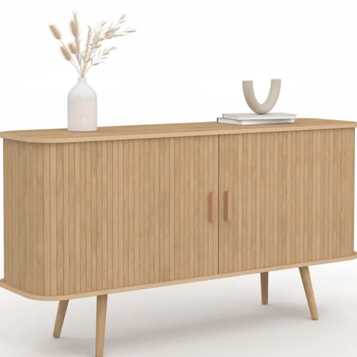 Buffet en bois 140 cm effet lattes avec 2 portes coulissantes