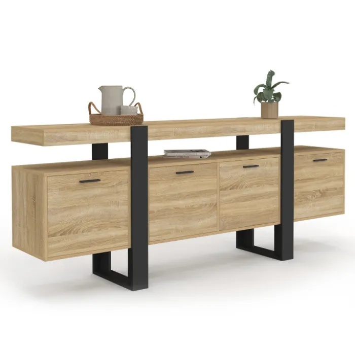 Buffet enfilade 200 cm 4 portes avec niche bois et noir