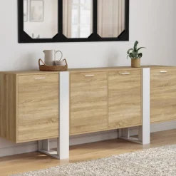 Buffet enfilade 200 cm 4 portes bois et blanc