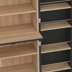 Buffet haut armoire de cuisine H.160 cm 4 portes avec rangements façon hêtre et noir