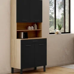 Buffet haut de cuisine bois façon hêtre 80 cm 4 portes + tiroir noir