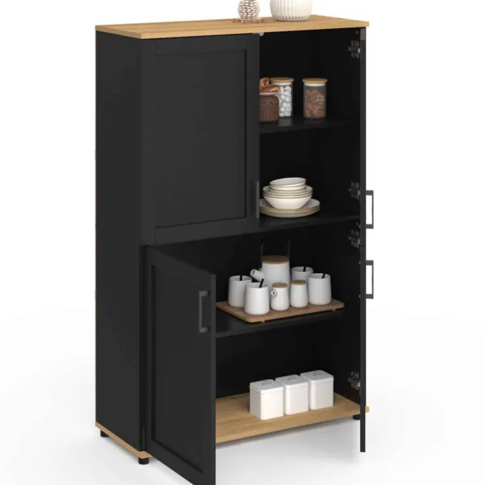 Buffet haut noir et bois avec 4 portes 125 cm