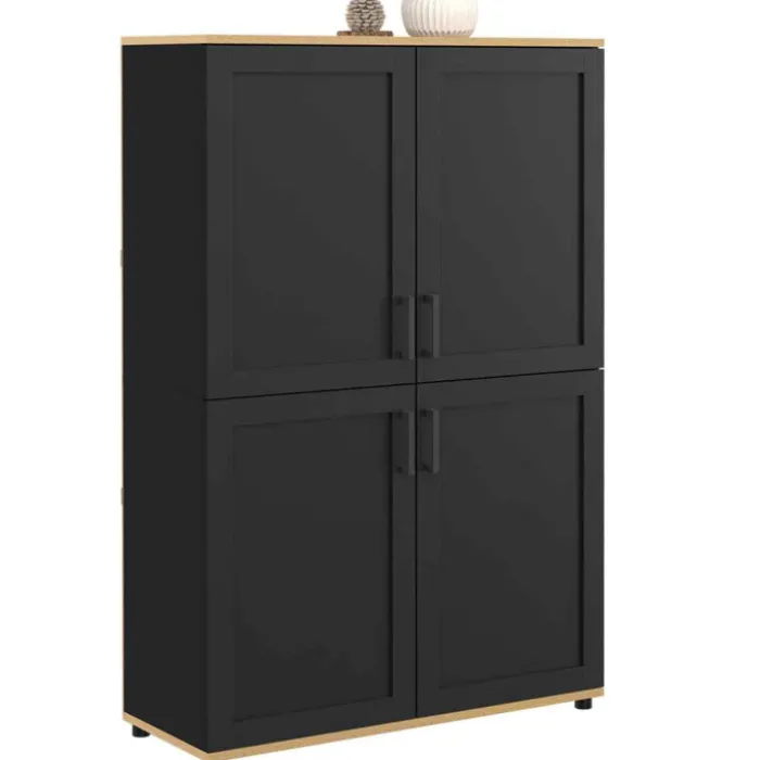 Buffet haut noir et bois avec 4 portes 125 cm