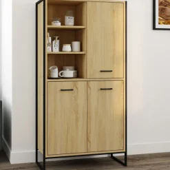 Buffet haut style industriel 160 cm bois et métal avec rangement