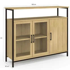 Buffet industriel avec 2 portes vitrées et placards 100 cm