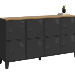 Buffet industriel casier 139 cm avec 8 portes en métal noir et plateau bois