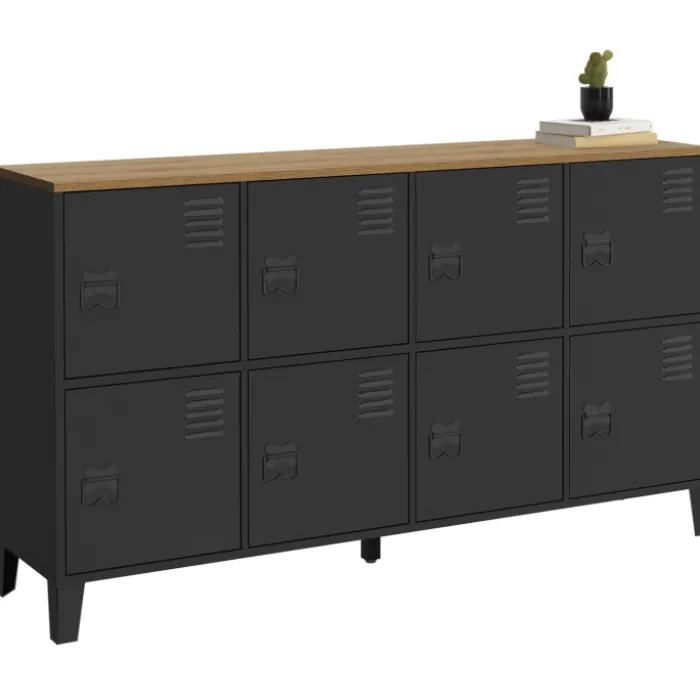Buffet industriel casier 139 cm avec 8 portes en métal noir et plateau bois