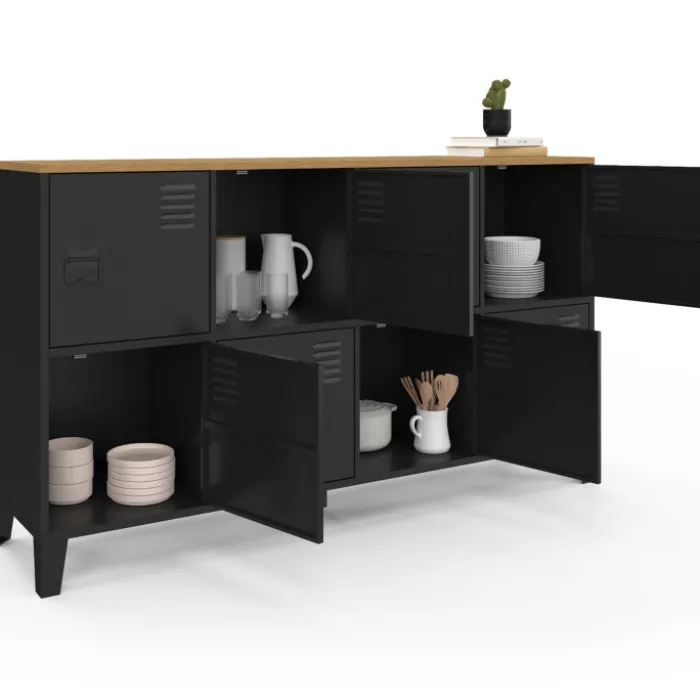 Buffet industriel casier 139 cm avec 8 portes en métal noir et plateau bois