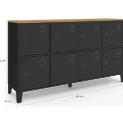 Buffet industriel casier 139 cm avec 8 portes en métal noir et plateau bois
