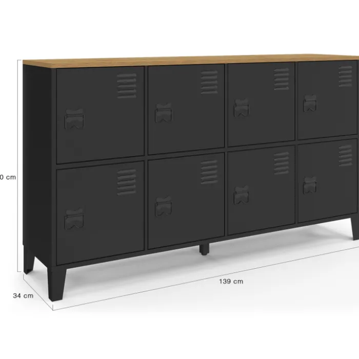 Buffet industriel casier 139 cm avec 8 portes en métal noir et plateau bois
