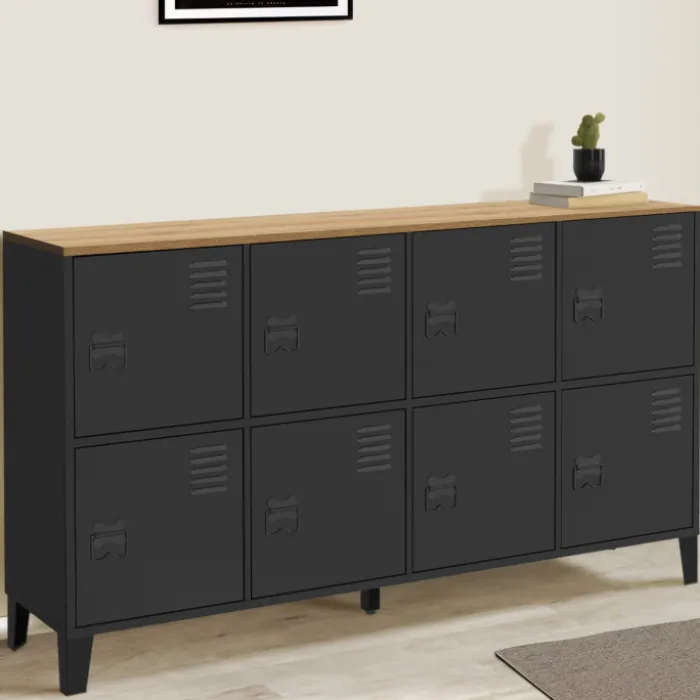 Buffet industriel casier 139 cm avec 8 portes en métal noir et plateau bois