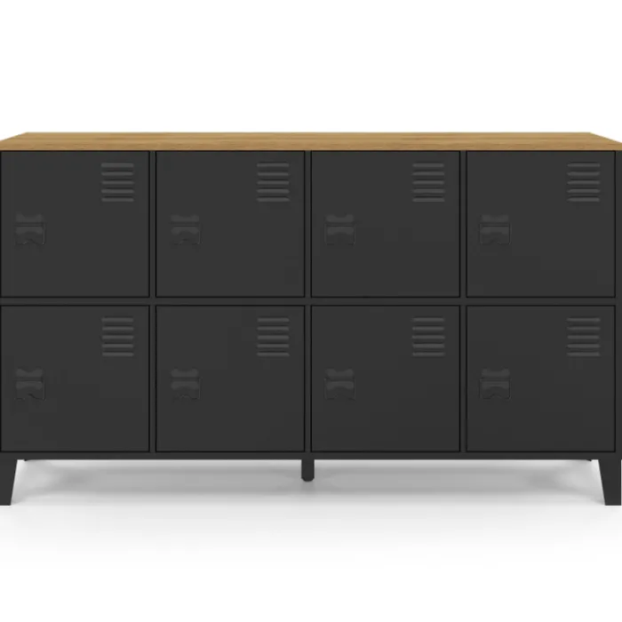 Buffet industriel casier 139 cm avec 8 portes en métal noir et plateau bois