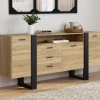 Buffet industriel de 180 cm avec 3 portes, 3 tiroirs et niche, coloris bois et noir