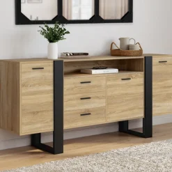 Buffet industriel de 180 cm avec 3 portes, 3 tiroirs et niche, coloris bois et noir