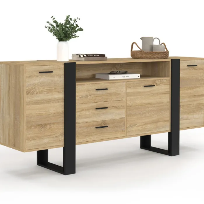 Buffet industriel de 180 cm avec 3 portes, 3 tiroirs et niche, coloris bois et noir