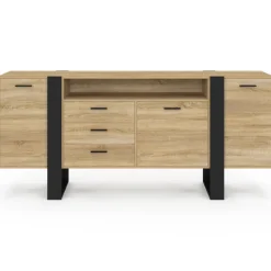 Buffet industriel de 180 cm avec 3 portes, 3 tiroirs et niche, coloris bois et noir