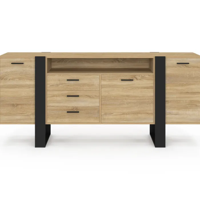 Buffet industriel de 180 cm avec 3 portes, 3 tiroirs et niche, coloris bois et noir