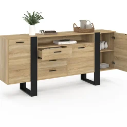 Buffet industriel de 180 cm avec 3 portes, 3 tiroirs et niche, coloris bois et noir