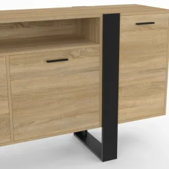 Buffet industriel de 180 cm avec 3 portes, 3 tiroirs et niche, coloris bois et noir