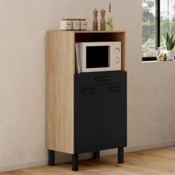 Buffet mi-haut 60 cm avec 1 tiroir et 2 portes façon hêtre et noir